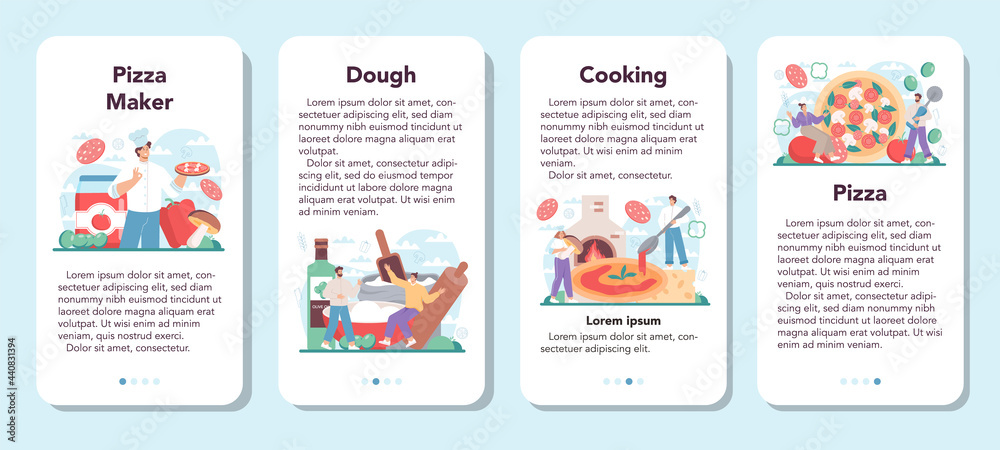 Naklejka premium Pizzeria mobile application banner set Chef cooking tasty delicious pizza