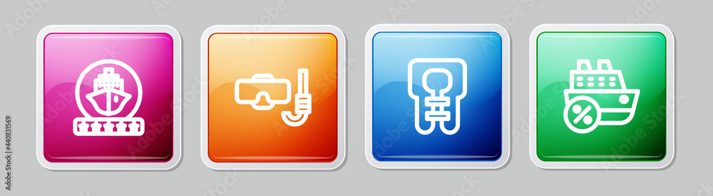 Set line Cruise ship, Diving mask and snorkel, Life jacket and . Colorful square button. Vector Set line Cruise ship, Diving mask and snorkel, Life jacket and . Colorful square button. Vector