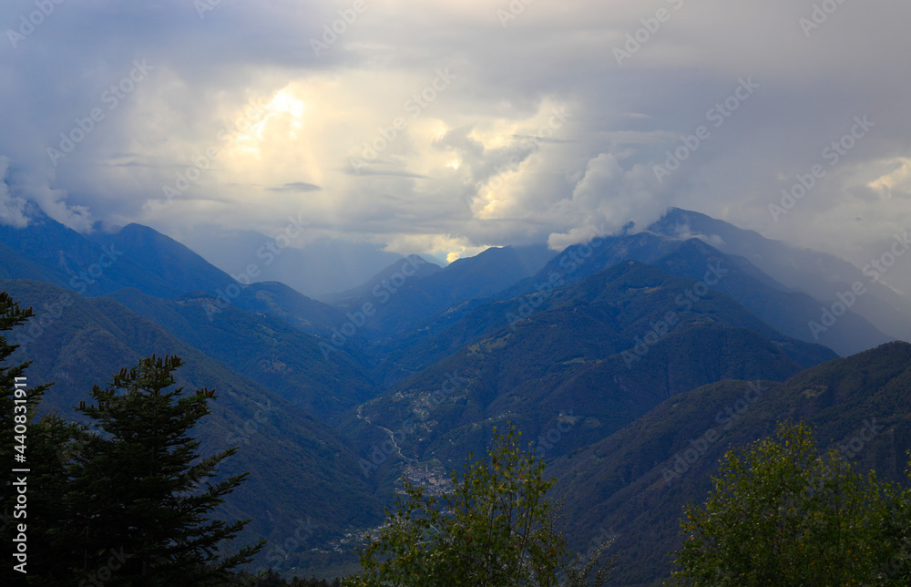 View from the Cimetta mountain above Locarno and Lake Maggiore. Switzerland Europe.  