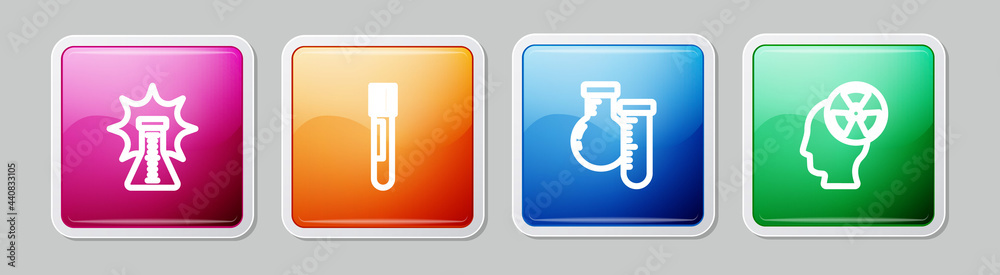 Set line Chemical explosion, Test tube and flask, and Head radiation symbol. Colorful square button. Vector Set line Chemical explosion, Test tube and flask, and Head radiation symbol. Colorful square button. Vector