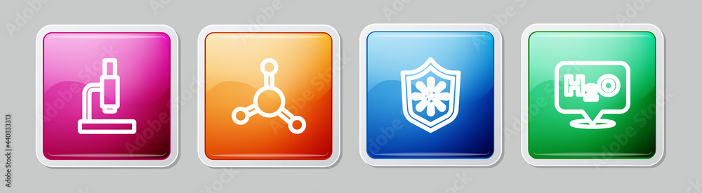 Set line Microscope, Molecule, Shield protecting from virus and Chemical formula for H2O. Colorful square button. Vector