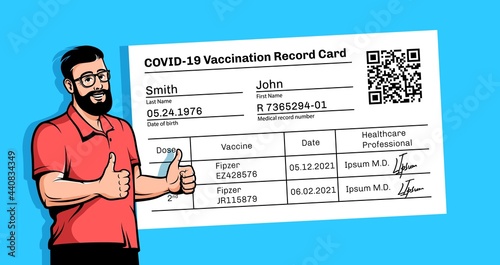 Positive bearded man with a vaccination certificate. Covid-19 vaccination card poster. Vector illustration.