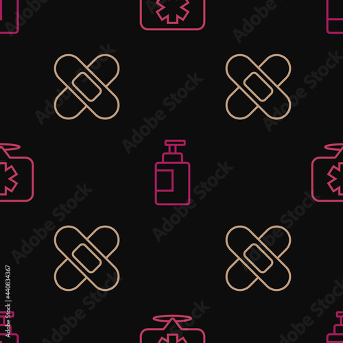 Set line Medical symbol of the Emergency, Crossed bandage plaster and Hand sanitizer bottle on seamless pattern. Vector