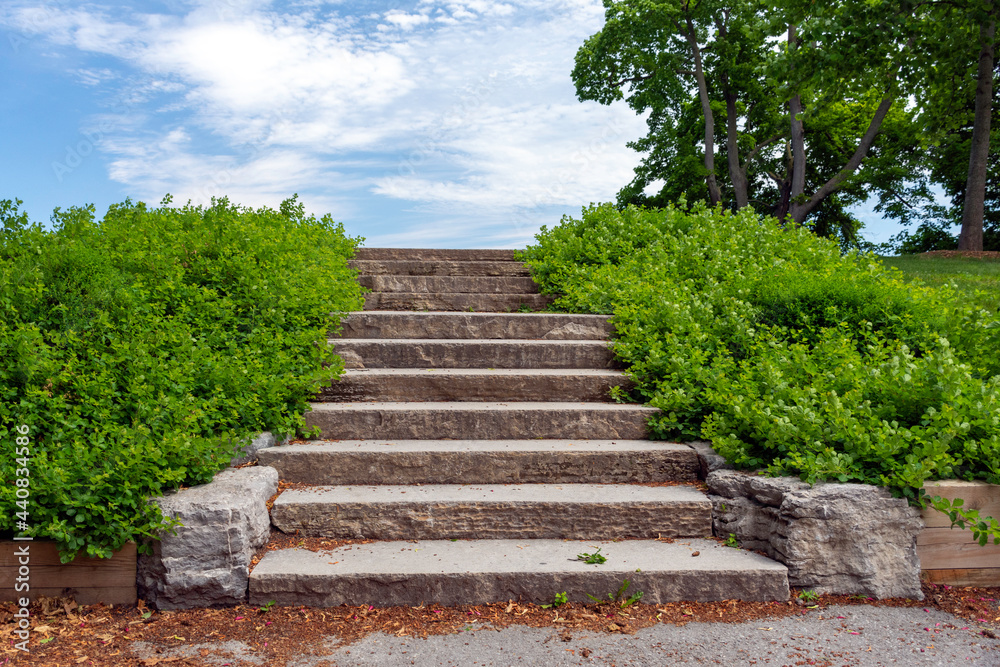 Landscaping example of hardscape natural stone steps, with comfortable, wide treads and risers on the stairs.