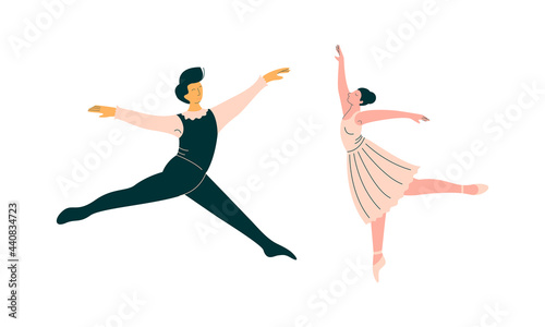 Male and Female Ballet Dancer in Pointe Shoes Dancing Vector Set