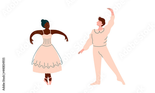 Male and Female Ballet Dancer in Pointe Shoes Dancing Vector Set