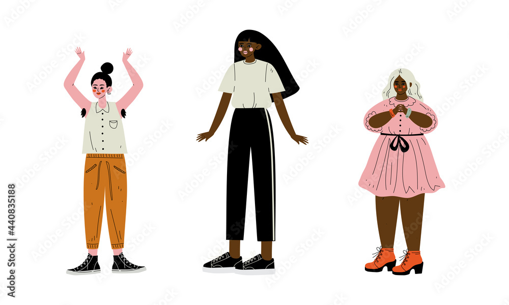Young Diverse Woman Standing Loving Their Body and Appearance as Self Acceptance Vector Set Young Diverse Woman Standing Loving Their Body and Appearance as Self Acceptance Vector Set