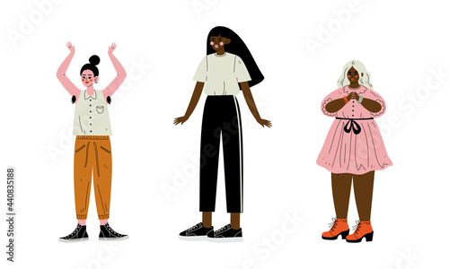 Young Diverse Woman Standing Loving Their Body and Appearance as Self Acceptance Vector Set