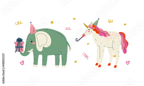 Cute Animal with Gift Box and Whistle Celebrating Birthday Party Vector Set