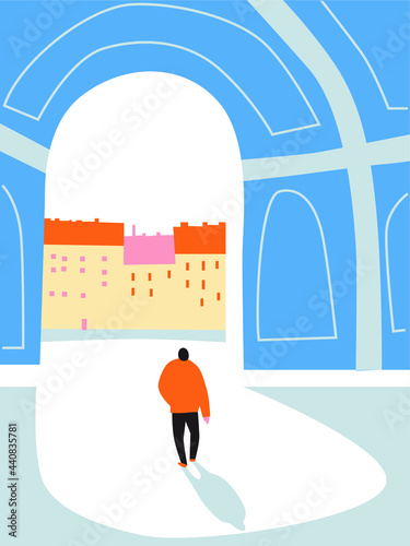 Urban landscape drawing vector. Simple and cozy street, people. Abstract architecture background geometric style. Cartoon vector buildings illustration.Trendy homes with windows, roof and trees