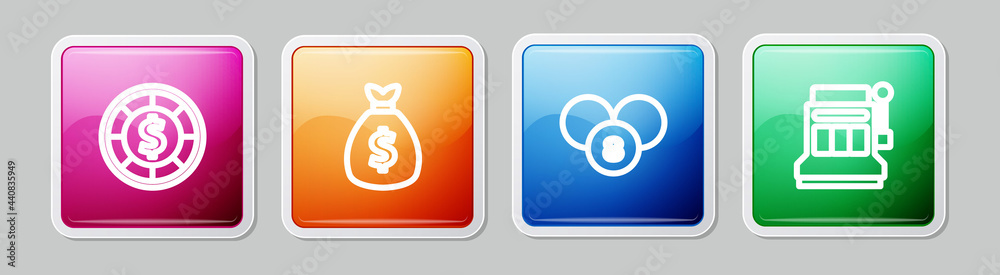Set line Casino chips, Money bag, Lottery ball bingo card and Slot machine. Colorful square button. Vector Set line Casino chips, Money bag, Lottery ball bingo card and Slot machine. Colorful square button. Vector