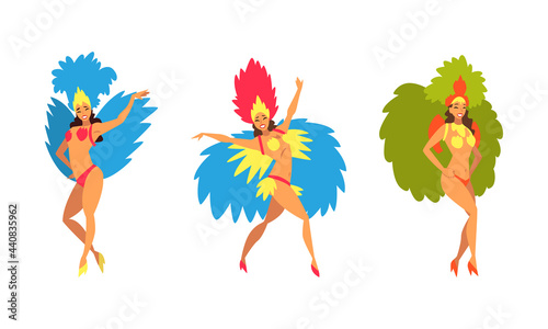 Bright Brazilian Female Samba Dancer Posing in Feathered Costume Vector Set