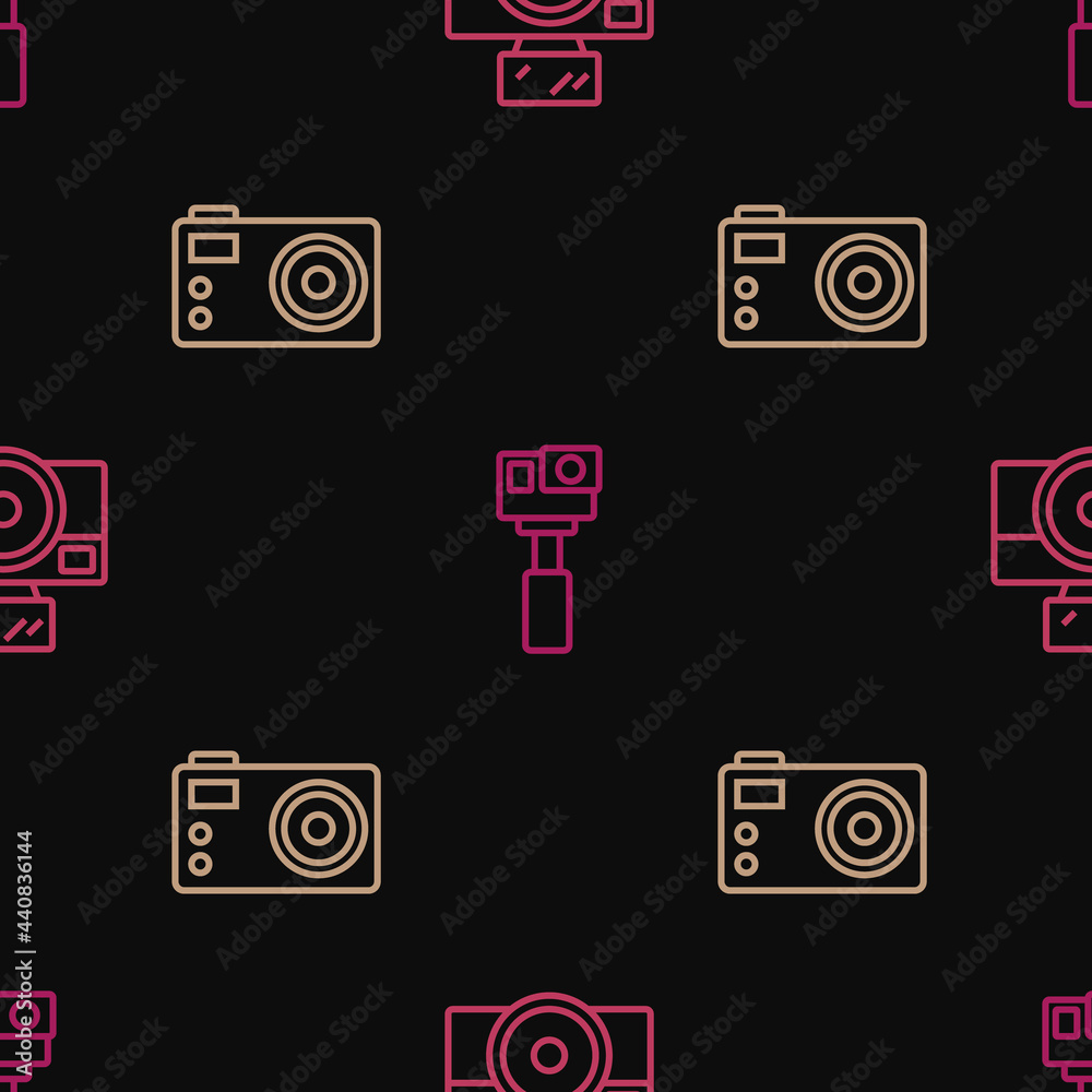 Set line Photo camera with flash, and Action on seamless pattern. Vector Set line Photo camera with flash, and Action on seamless pattern. Vector