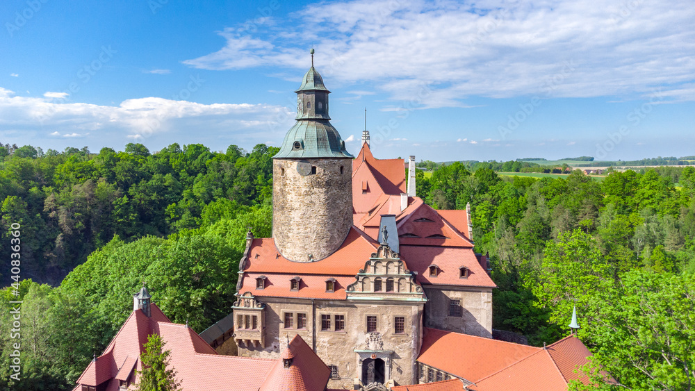 Aerial view of Czocha Castle in southwestern Poland. Defensive castle in the village of Czocha.