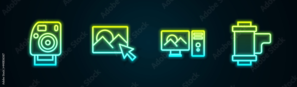 Set line Photo camera, retouching, and Camera roll cartridge. Glowing neon icon. Vector Set line Photo camera, retouching, and Camera roll cartridge. Glowing neon icon. Vector