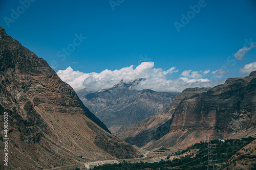 Dagestan traditional highland village Danukh with green terraces in Caucasus Mountains. Rural mountain scenery in Russia