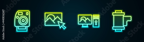 Set line Photo camera, retouching, and Camera roll cartridge. Glowing neon icon. Vector