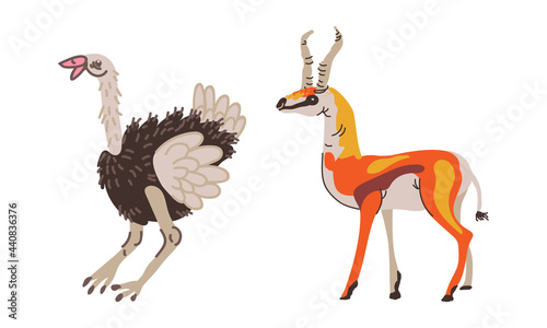 Feathered Ostrich and Horned Gazelle as African Animal Vector Set