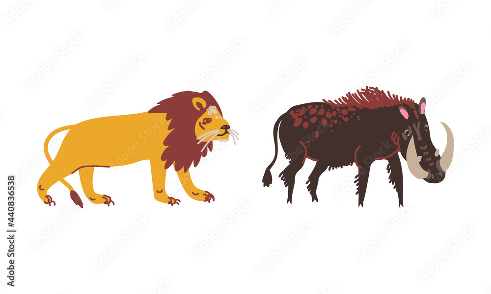 Lion and Boar with Tusks as African Animal Vector Set Lion and Boar with Tusks as African Animal Vector Set