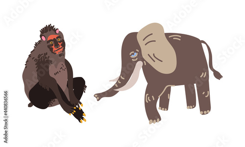 Elephant with Tusks and Monkey as African Animal Vector Set