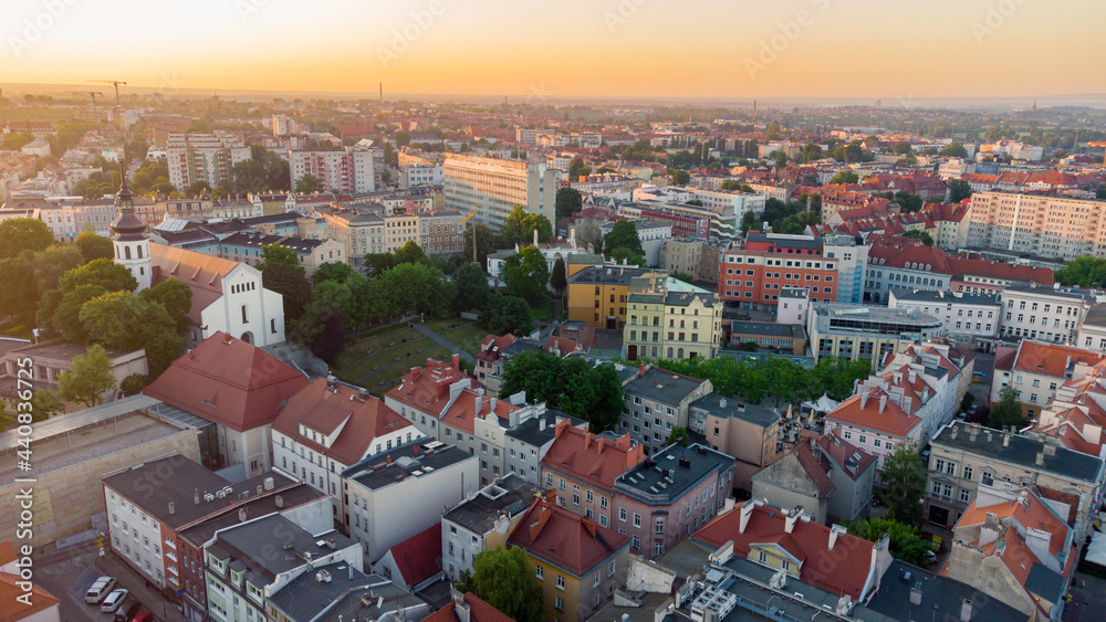 Aerial sunrise view with urban architectures in Opole city, Poland.