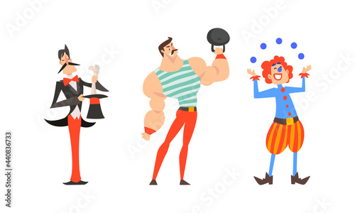 Clown Juggling Balls, Magician with Top Hat and Muscled Man Lifting Heavy Kettlebell as Traveling Chapiteau Circus Vector Set