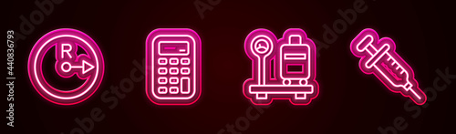 Set line Radius, Calculator, Scale with suitcase and Syringe. Glowing neon icon. Vector