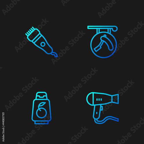 Set line Hair dryer, Bottle of shampoo, Electrical hair clipper and Barbershop with razor. Gradient color icons. Vector