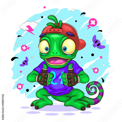 Chameleon Cartoon Character. Cartoon cool chameleon showing thumbs up. Positive and unique design. Children's bright illustration. Use the product for printing on clothing, accessories.
