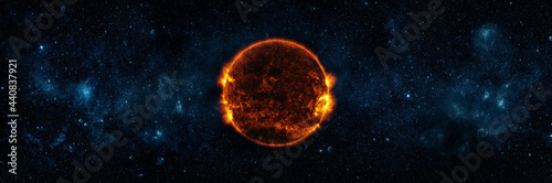 Panoramic view of the Sun, star and galaxy. A wide view of the sun and stars from space. Concept on the theme of ecology, environment, Earth Day. Elements of this image furnished by NASA.