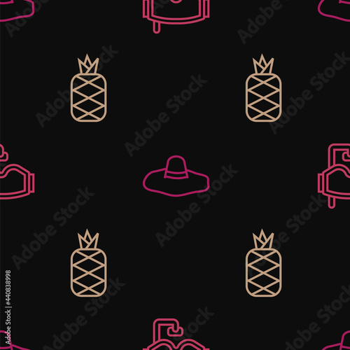 Set line Diving mask, Pineapple and Elegant women hat on seamless pattern. Vector
