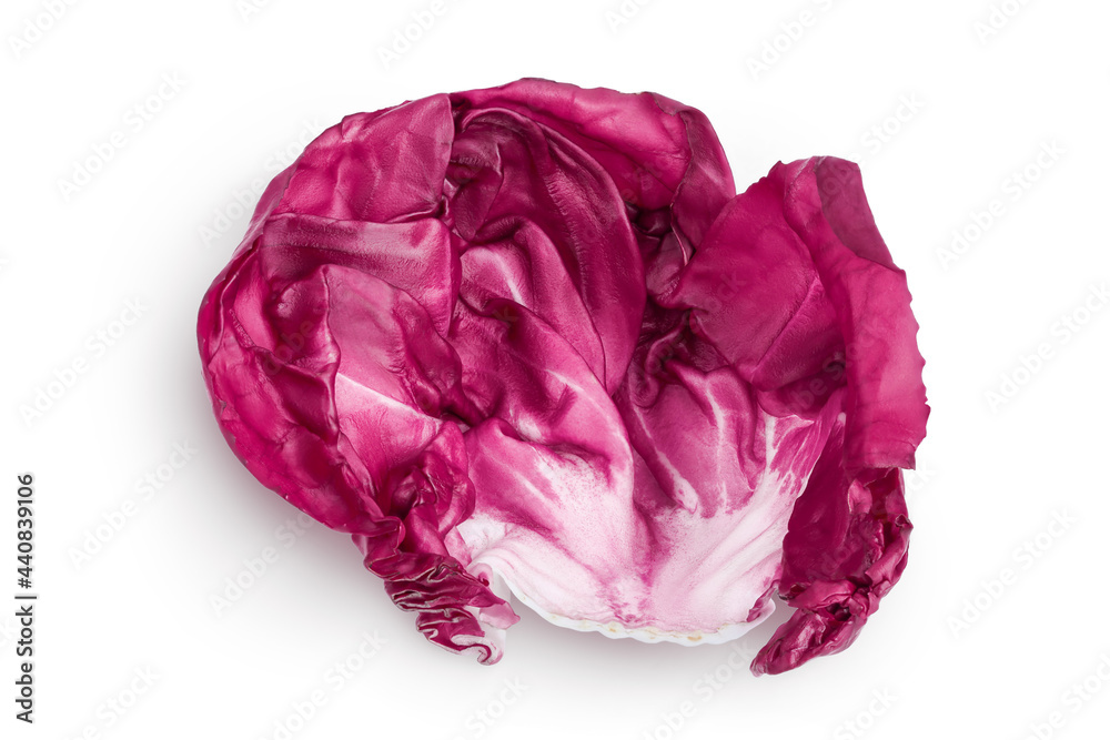 Fresh red radicchio salad leaf isolated on white background with clipping path and full depth of field, Top view. Flat lay Fresh red radicchio salad leaf isolated on white background with clipping path and full depth of field, Top view. Flat lay
