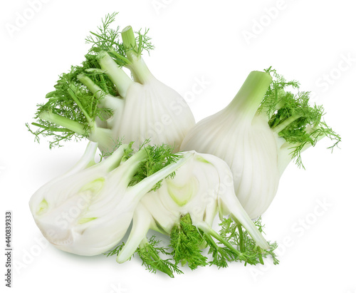 fresh fennel bulb with half isolated on white background with full depth of field