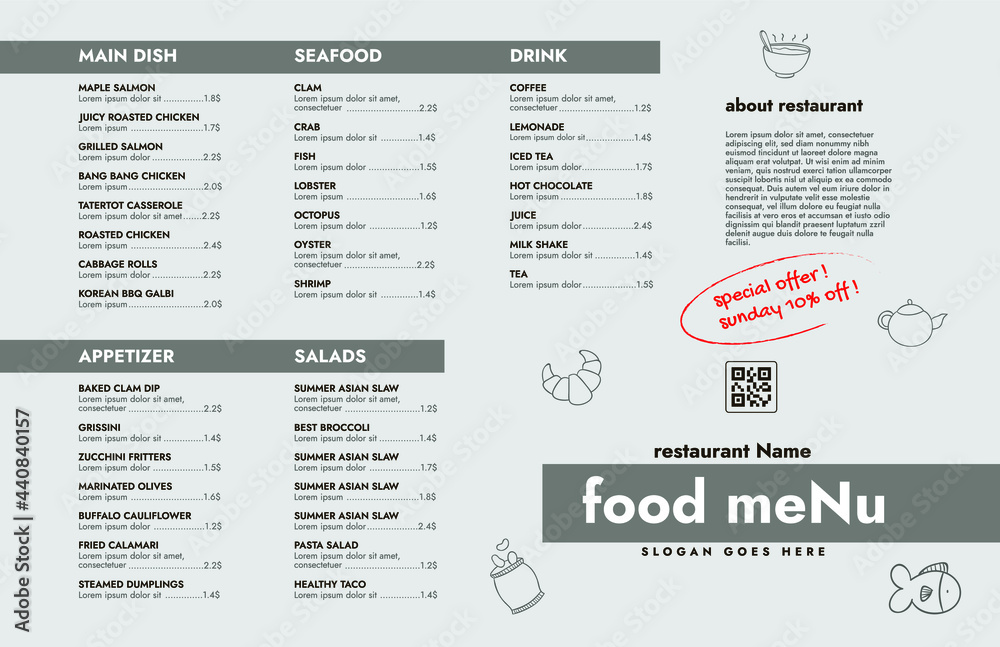 Restaurant cafe menu, template design.
Single page food menu template.