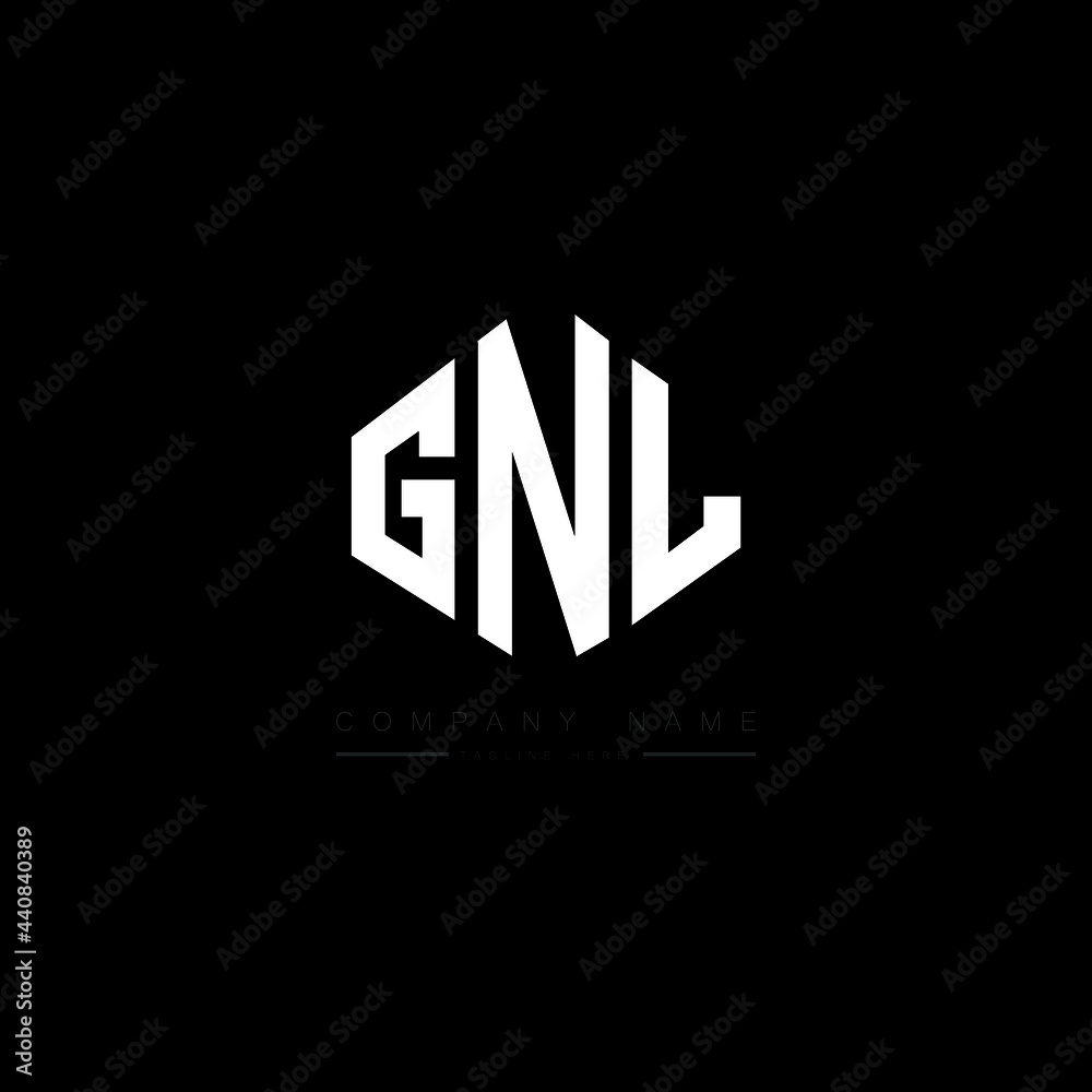GNL letter logo design with polygon shape. GNL polygon logo monogram. GNL cube logo design. GNL hexagon vector logo template white and black colors. GNL monogram, GNL business and real estate logo. 