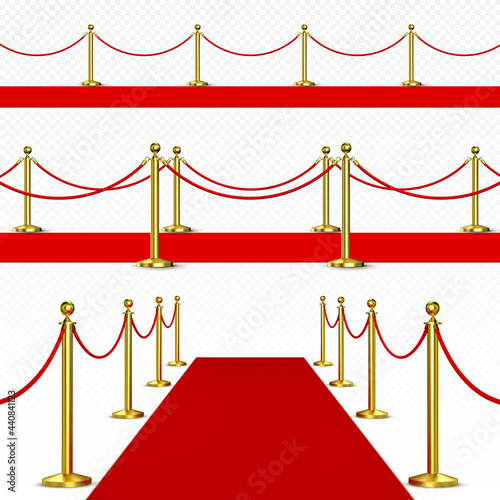 Red carpet and golden barriers. Realistic vector set