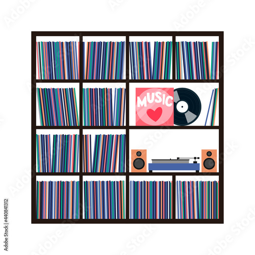 Vinyl collection on shelves with turntable and acoustic system. Stacks of music records in sleeves. Vector