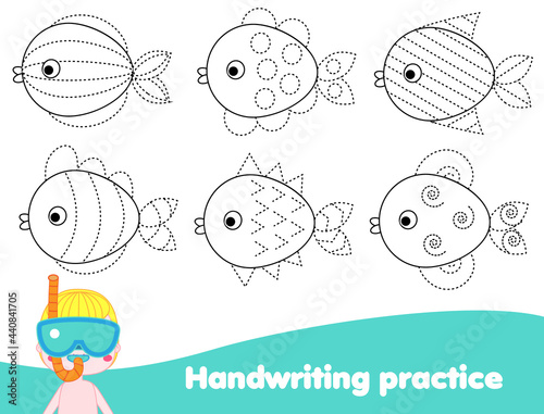 Handwriting practice sheet with fishes. Educational children game. Tracing lines. early education worksheet for kids photo