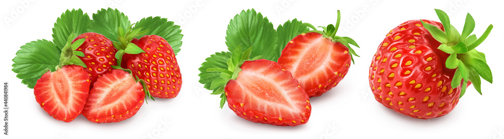 Strawberry and half isolated on white background. Fresh berry with full depth of field. Set or collection Strawberry and half isolated on white background. Fresh berry with full depth of field. Set or collection