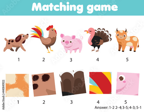 Matching game. Educational children activity. Match pattern with farm animal