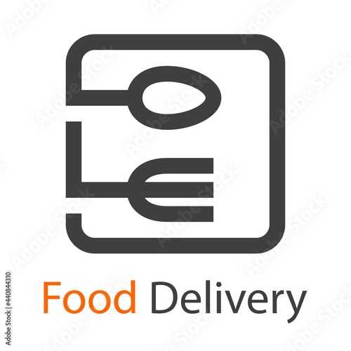 Logo con texto Food Delivery con tenedor y cuchara en cuadrado con lineas en color gris