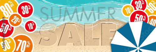 Bannière ou affiche pour les soldes d’été avec des chiffres de réduction de prix sur un fond de plage et de mer - texte anglais.