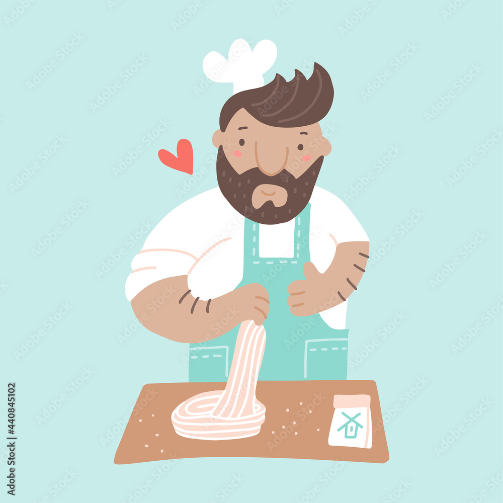 Chef cooking pasta in restaurant. Master makes dish from dough. Professional culinary show flat vector illustration. Homemade lunch or dinner meal, preparing food process.