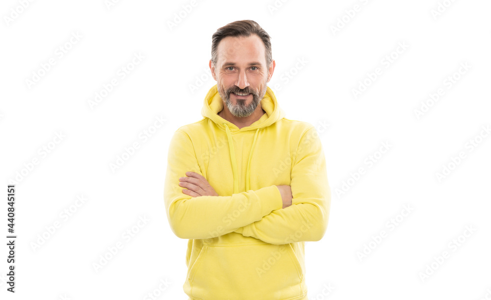 cheerful handsome mature man with beard and moustache in hoody isolated on white, casual style cheerful handsome mature man with beard and moustache in hoody isolated on white, casual style