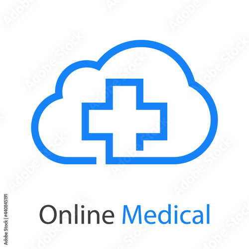 Logo con texto Online Medical con cruz en nube con lineas en color azul