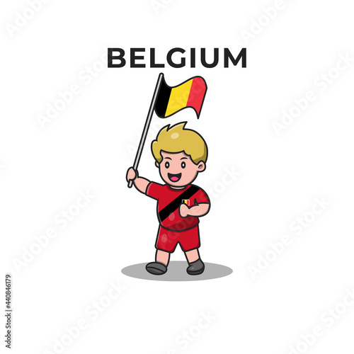 Cute Football Player Holding Belgium Flag. Cartoon Vector Icon Illustration. Sport and People Icon Concept Isolated Premium Vector. Flat Cartoon Style