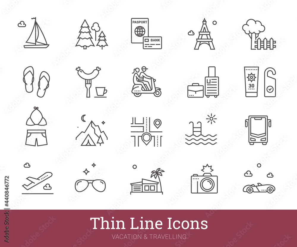 Traveling, vacation thin line icons. Tourism, transport linear vector interface pictograms. Vector set include icons: travel destination, road trip, summer holidays, sea journey. Editable strokes.