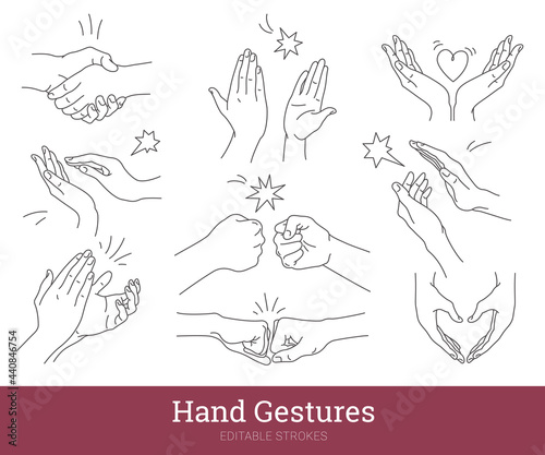 Hand gestures thin line icons set. Handshake, applause, fist bump, high five, heart shaped hands linear style vector illustration. Body language, nonverbal communication signals. Editable strokes.