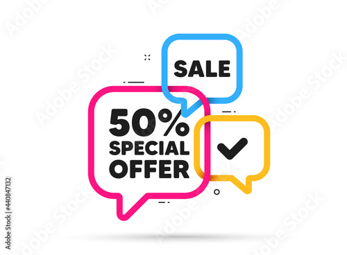 Discount banner shape tags. Special offer speech bubbles. Sale coupon price tag icon. Ribbon banner with 50 percent discount offer. Sale price sticker message. Promotion dialog balloon. Flyer vector