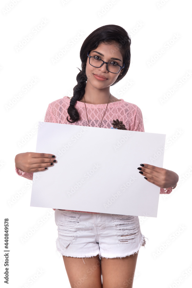 Girl holding white big sign board. Isolated portrait Girl holding white big sign board. Isolated portrait